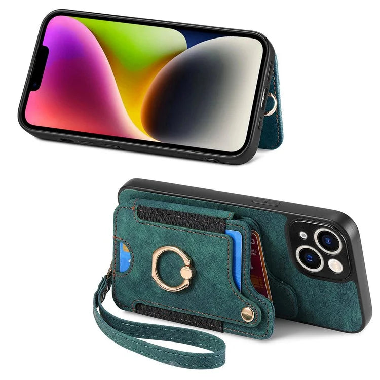 D4 For iPhone 13 Anti-scratch RFID Blocking Vintage Phone Case Card Slots Kickstand Cover