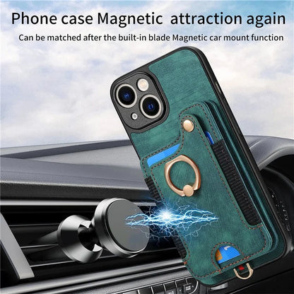 D4 For iPhone 13 Anti-scratch RFID Blocking Vintage Phone Case Card Slots Kickstand Cover