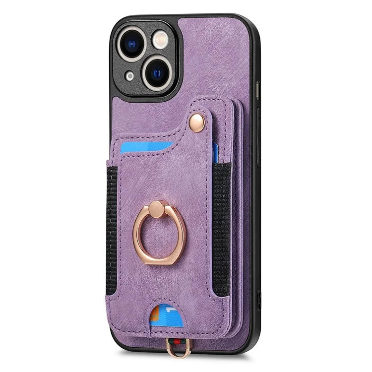 D4 For iPhone 13 Anti-scratch RFID Blocking Vintage Phone Case Card Slots Kickstand Cover