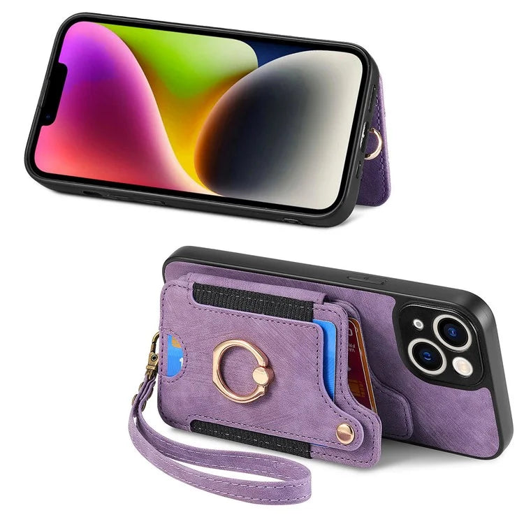 D4 For iPhone 13 Anti-scratch RFID Blocking Vintage Phone Case Card Slots Kickstand Cover