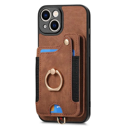 D4 For iPhone 13 Anti-scratch RFID Blocking Vintage Phone Case Card Slots Kickstand Cover