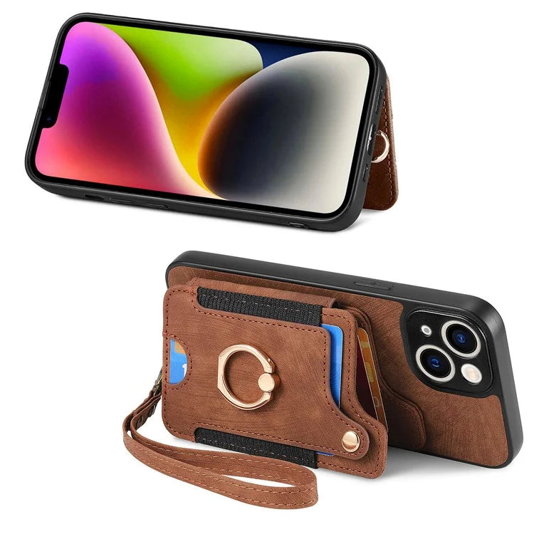 D4 For iPhone 13 Anti-scratch RFID Blocking Vintage Phone Case Card Slots Kickstand Cover