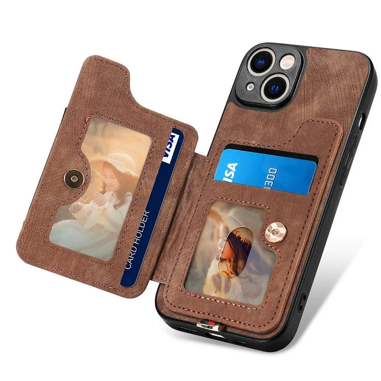 D4 For iPhone 13 Anti-scratch RFID Blocking Vintage Phone Case Card Slots Kickstand Cover