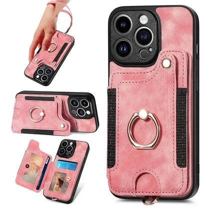 D4 For iPhone 14 Pro Max Case RFID Blocking Leather+TPU Phone Cover with Ring Kickstand