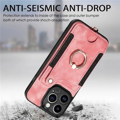 D4 For iPhone 14 Pro Max Case RFID Blocking Leather+TPU Phone Cover with Ring Kickstand