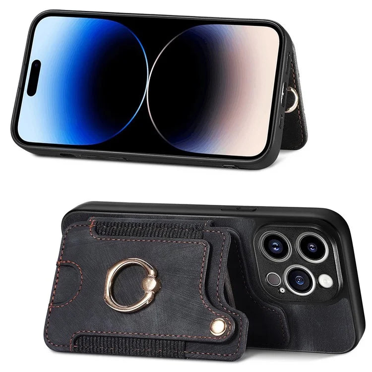 D4 For iPhone 14 Pro Max Case RFID Blocking Leather+TPU Phone Cover with Ring Kickstand