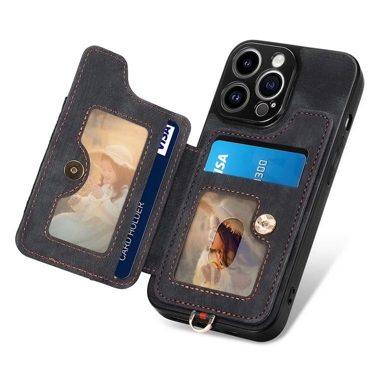 D4 For iPhone 14 Pro Max Case RFID Blocking Leather+TPU Phone Cover with Ring Kickstand