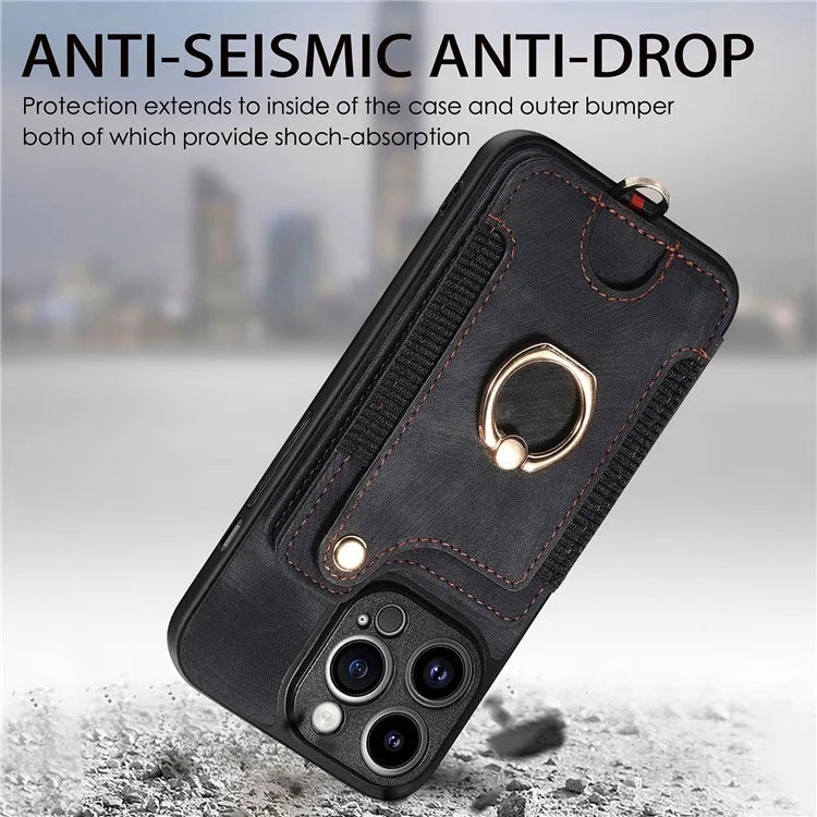 D4 For iPhone 14 Pro Max Case RFID Blocking Leather+TPU Phone Cover with Ring Kickstand