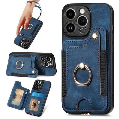 D4 For iPhone 14 Pro Max Case RFID Blocking Leather+TPU Phone Cover with Ring Kickstand