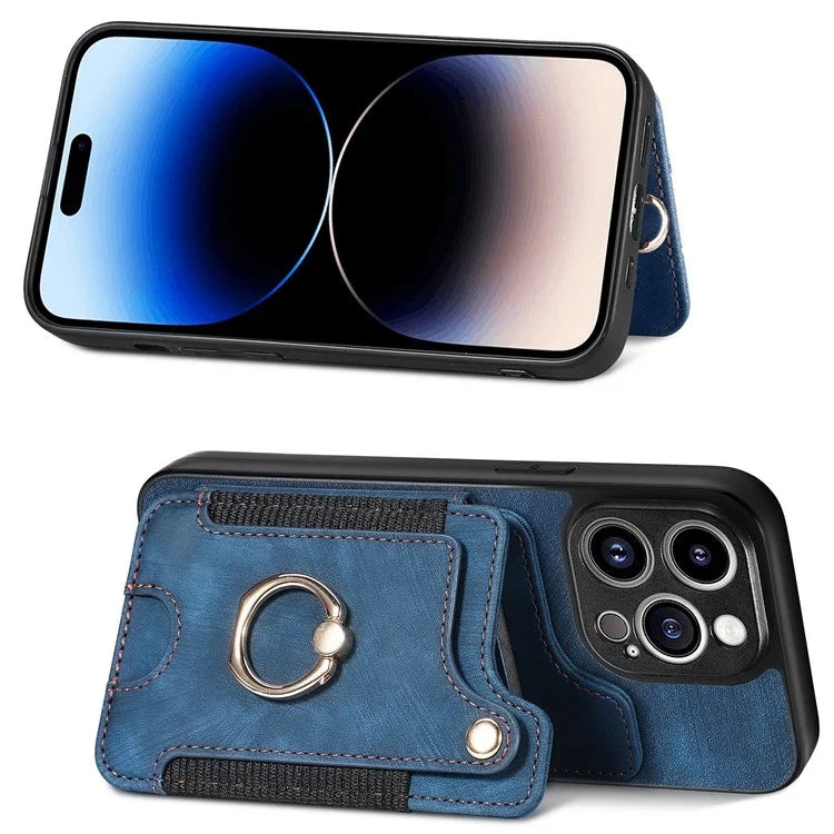 D4 For iPhone 14 Pro Max Case RFID Blocking Leather+TPU Phone Cover with Ring Kickstand