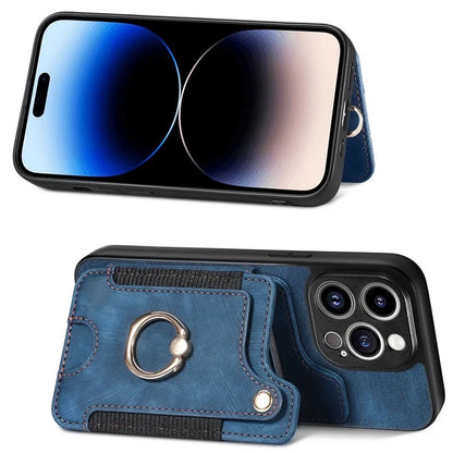 D4 For iPhone 14 Pro Max Case RFID Blocking Leather+TPU Phone Cover with Ring Kickstand