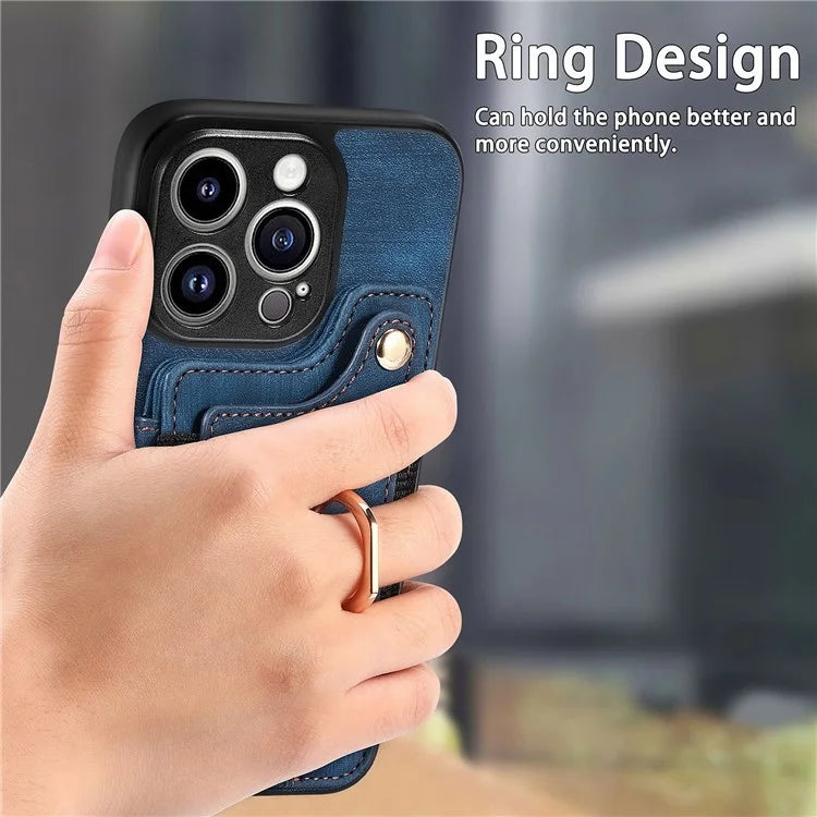 D4 For iPhone 14 Pro Max Case RFID Blocking Leather+TPU Phone Cover with Ring Kickstand