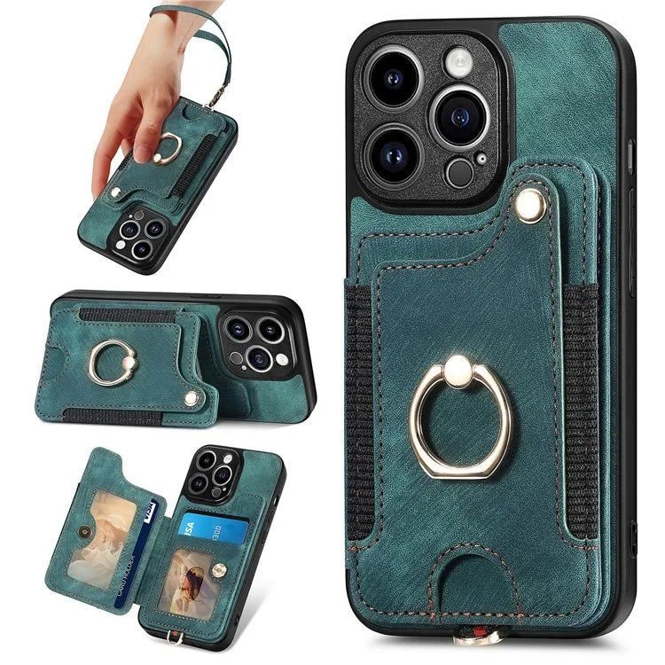 D4 For iPhone 14 Pro Max Case RFID Blocking Leather+TPU Phone Cover with Ring Kickstand