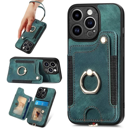 D4 For iPhone 14 Pro Max Case RFID Blocking Leather+TPU Phone Cover with Ring Kickstand