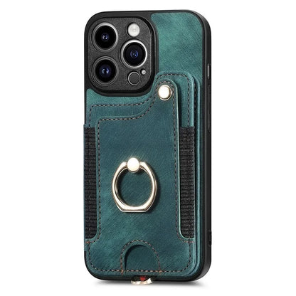 D4 For iPhone 14 Pro Max Case RFID Blocking Leather+TPU Phone Cover with Ring Kickstand