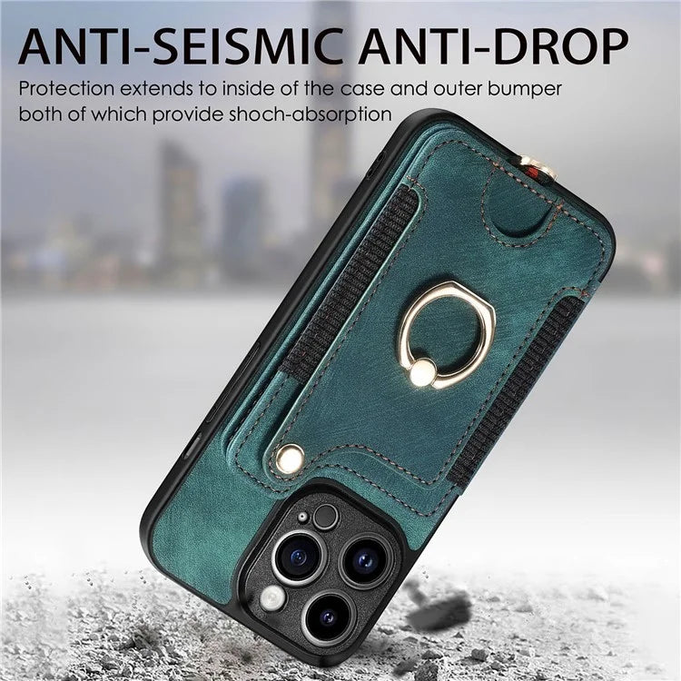 D4 For iPhone 14 Pro Max Case RFID Blocking Leather+TPU Phone Cover with Ring Kickstand