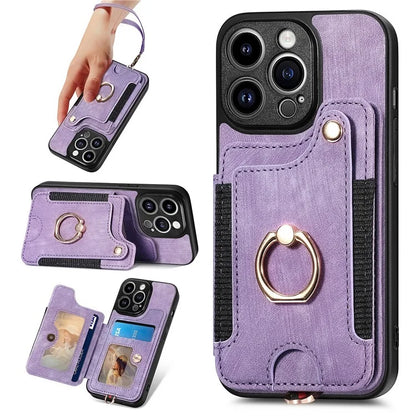 D4 For iPhone 14 Pro Max Case RFID Blocking Leather+TPU Phone Cover with Ring Kickstand