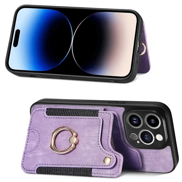 D4 For iPhone 14 Pro Max Case RFID Blocking Leather+TPU Phone Cover with Ring Kickstand