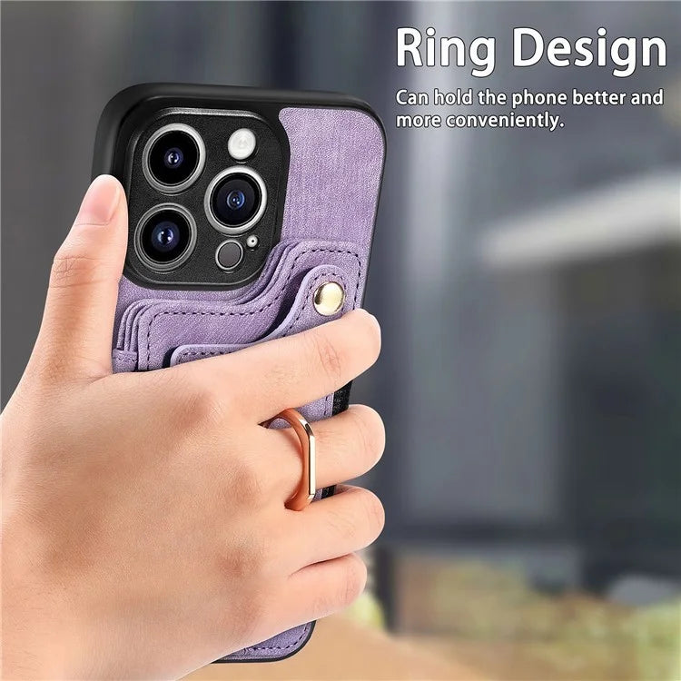 D4 For iPhone 14 Pro Max Case RFID Blocking Leather+TPU Phone Cover with Ring Kickstand