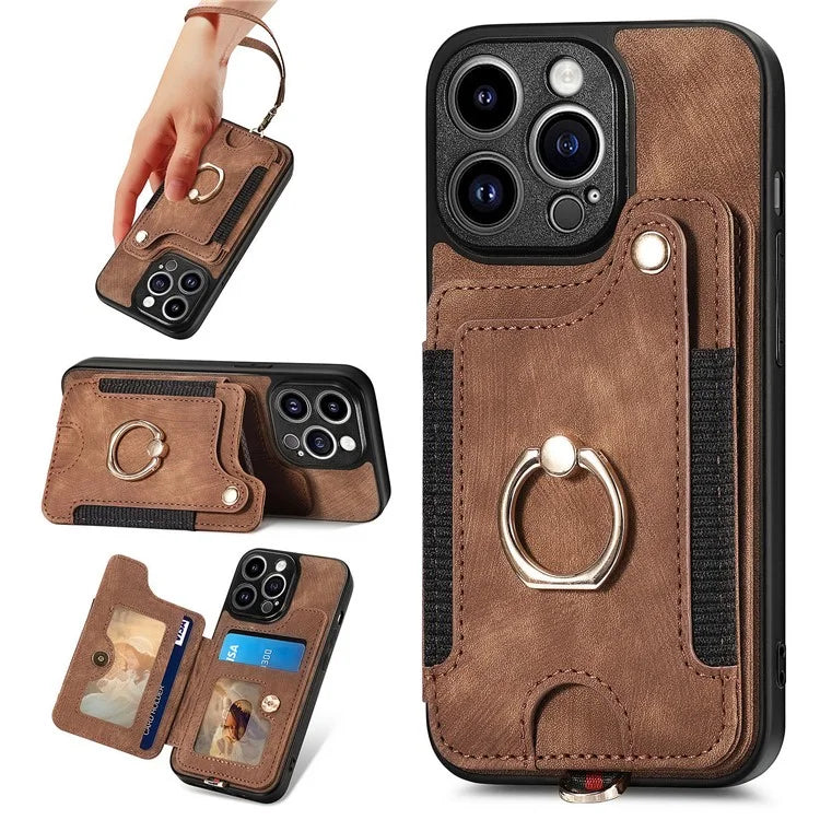 D4 For iPhone 14 Pro Max Case RFID Blocking Leather+TPU Phone Cover with Ring Kickstand