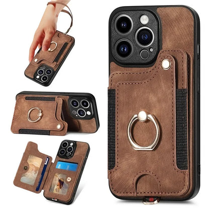 D4 For iPhone 14 Pro Max Case RFID Blocking Leather+TPU Phone Cover with Ring Kickstand