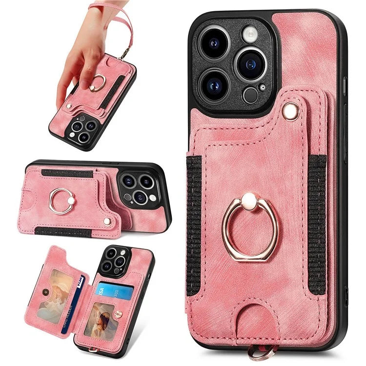 D4 For iPhone 14 Pro Cell  Phone Cases Vintage Card Slots Kickstand RFID Blocking Shell