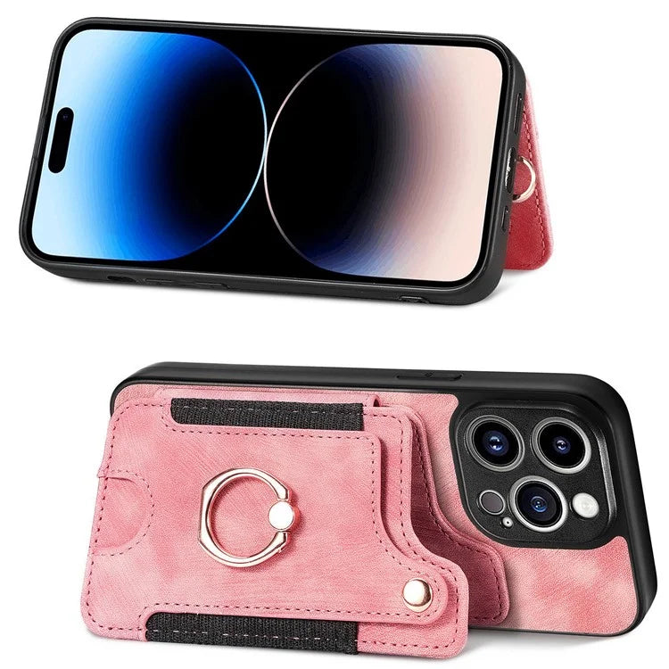 D4 For iPhone 14 Pro Cell  Phone Cases Vintage Card Slots Kickstand RFID Blocking Shell