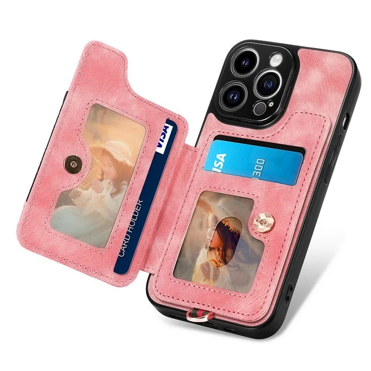 D4 For iPhone 14 Pro Cell  Phone Cases Vintage Card Slots Kickstand RFID Blocking Shell
