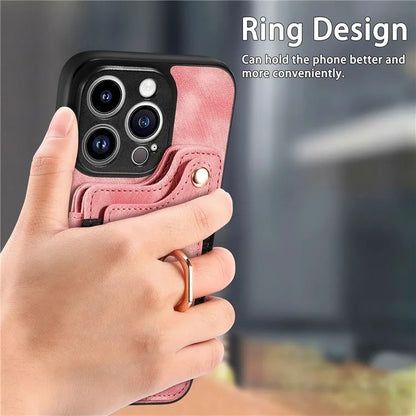 D4 For iPhone 14 Pro Cell  Phone Cases Vintage Card Slots Kickstand RFID Blocking Shell