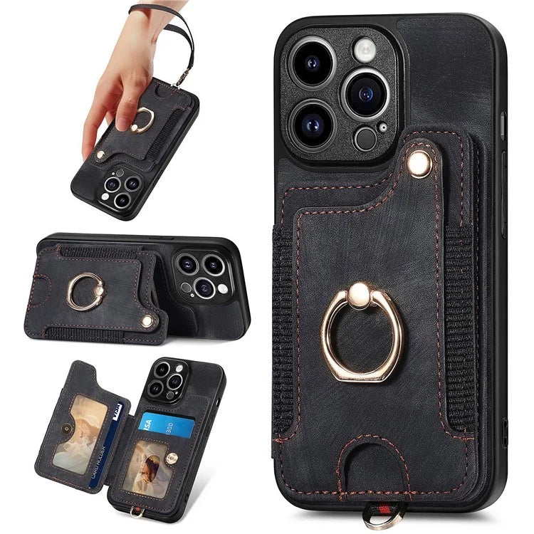 D4 For iPhone 14 Pro Cell  Phone Cases Vintage Card Slots Kickstand RFID Blocking Shell