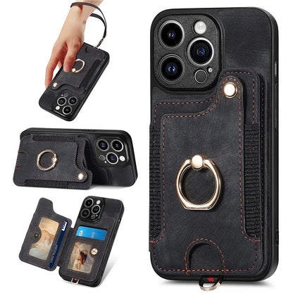 D4 For iPhone 14 Pro Cell  Phone Cases Vintage Card Slots Kickstand RFID Blocking Shell