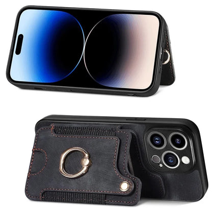 D4 For iPhone 14 Pro Cell  Phone Cases Vintage Card Slots Kickstand RFID Blocking Shell