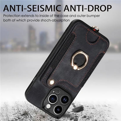 D4 For iPhone 14 Pro Cell  Phone Cases Vintage Card Slots Kickstand RFID Blocking Shell