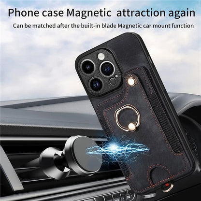 D4 For iPhone 14 Pro Cell  Phone Cases Vintage Card Slots Kickstand RFID Blocking Shell