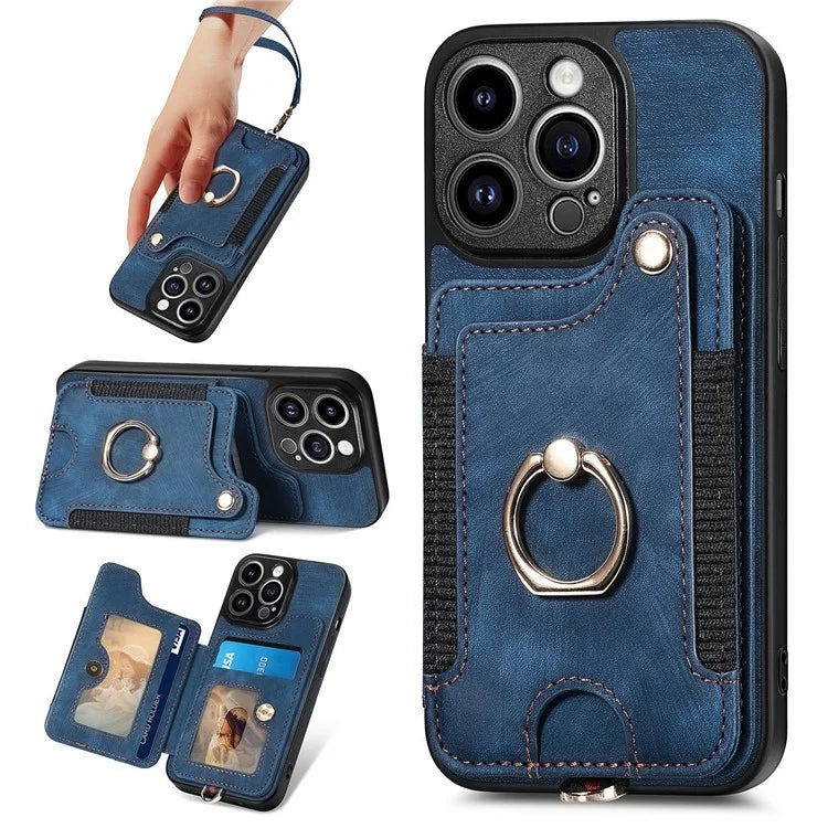 D4 For iPhone 14 Pro Cell  Phone Cases Vintage Card Slots Kickstand RFID Blocking Shell