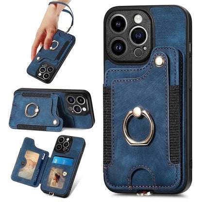D4 For iPhone 14 Pro Cell  Phone Cases Vintage Card Slots Kickstand RFID Blocking Shell