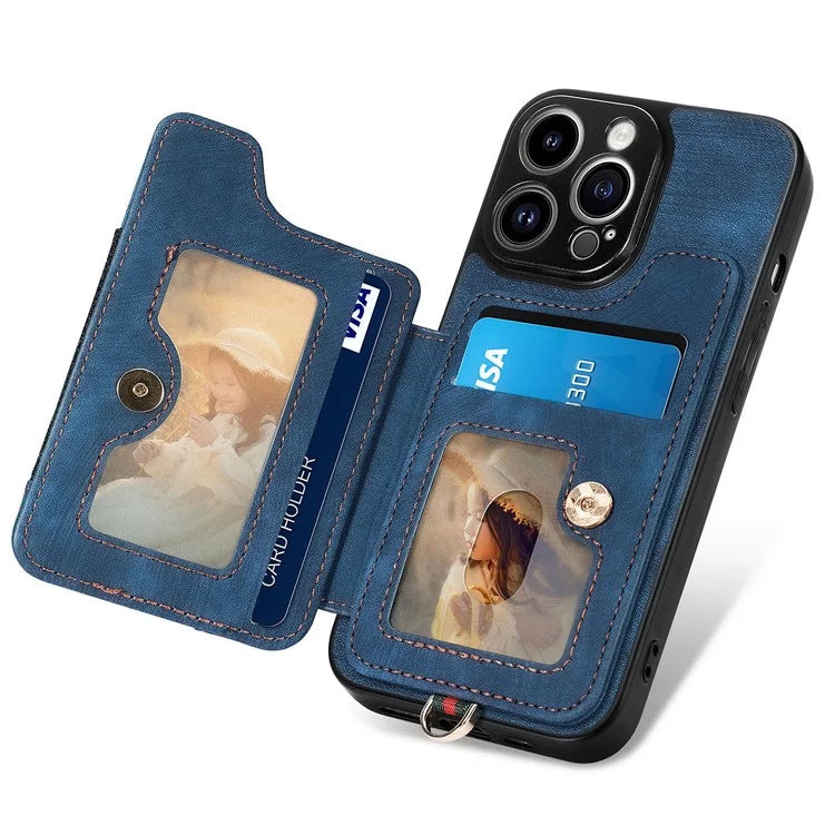 D4 For iPhone 14 Pro Cell  Phone Cases Vintage Card Slots Kickstand RFID Blocking Shell