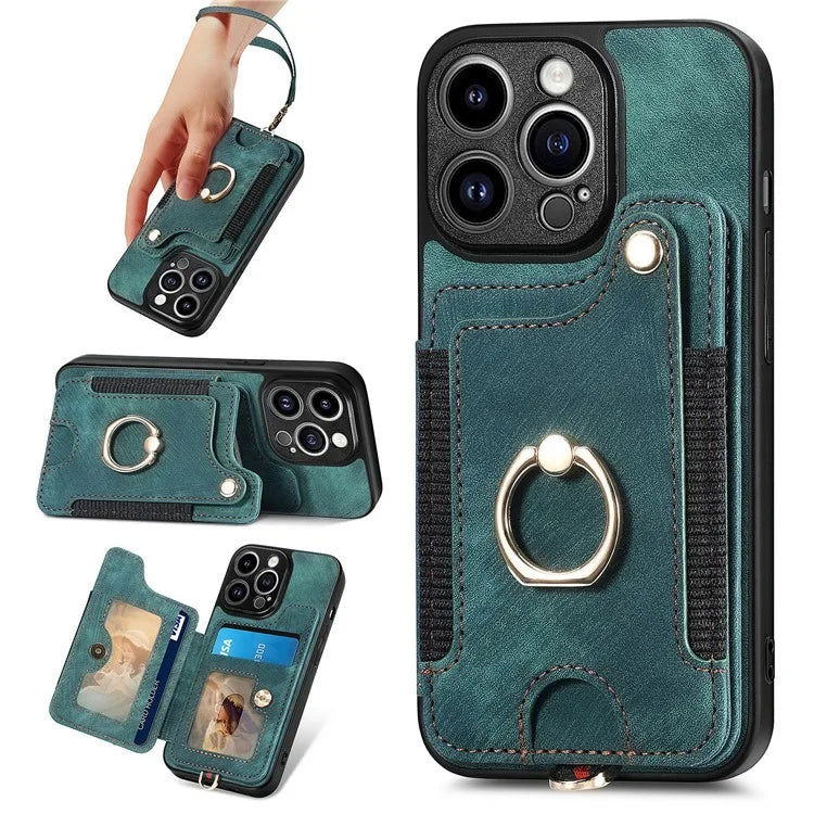 D4 For iPhone 14 Pro Cell  Phone Cases Vintage Card Slots Kickstand RFID Blocking Shell