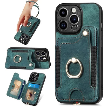 D4 For iPhone 14 Pro Cell  Phone Cases Vintage Card Slots Kickstand RFID Blocking Shell