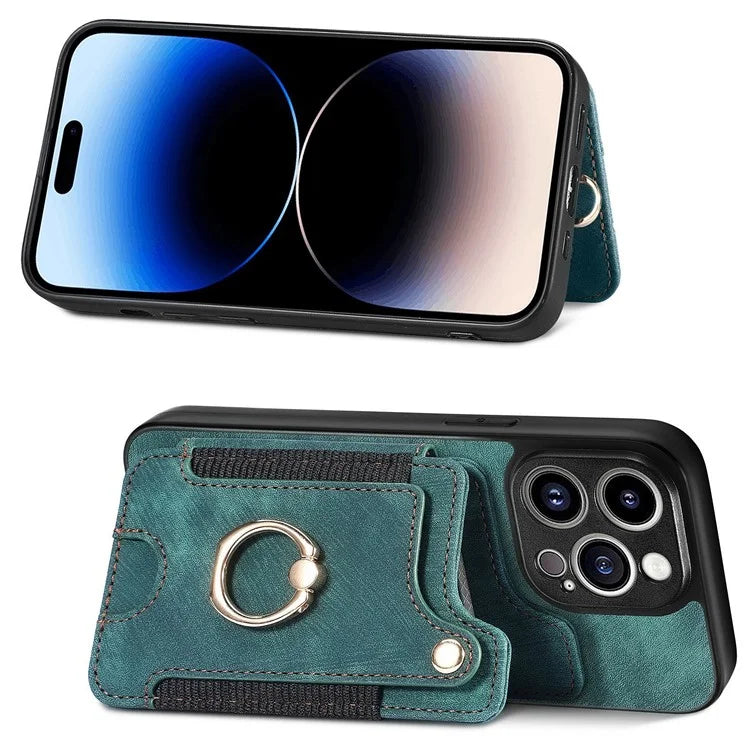 D4 For iPhone 14 Pro Cell  Phone Cases Vintage Card Slots Kickstand RFID Blocking Shell