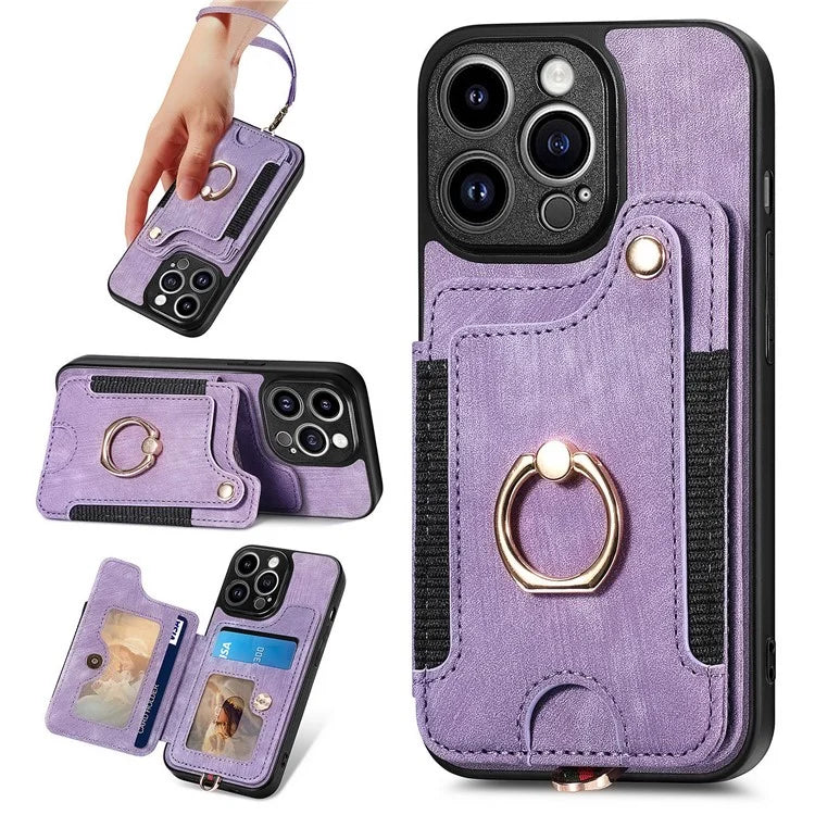 D4 For iPhone 14 Pro Cell  Phone Cases Vintage Card Slots Kickstand RFID Blocking Shell