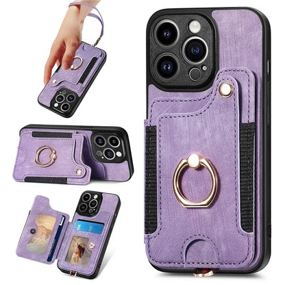 D4 For iPhone 14 Pro Cell  Phone Cases Vintage Card Slots Kickstand RFID Blocking Shell