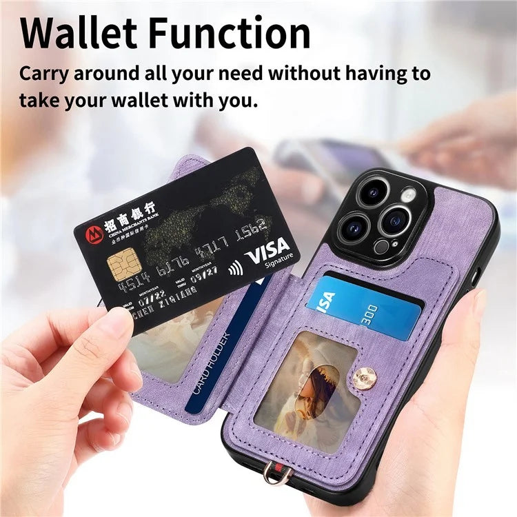 D4 For iPhone 14 Pro Cell  Phone Cases Vintage Card Slots Kickstand RFID Blocking Shell