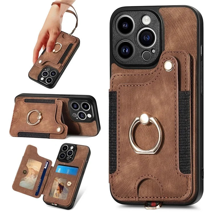 D4 For iPhone 14 Pro Cell  Phone Cases Vintage Card Slots Kickstand RFID Blocking Shell