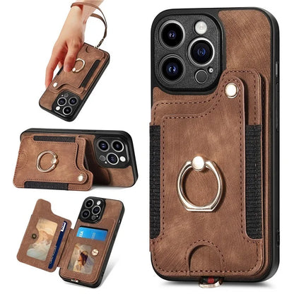 D4 For iPhone 14 Pro Cell  Phone Cases Vintage Card Slots Kickstand RFID Blocking Shell