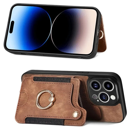 D4 For iPhone 14 Pro Cell  Phone Cases Vintage Card Slots Kickstand RFID Blocking Shell