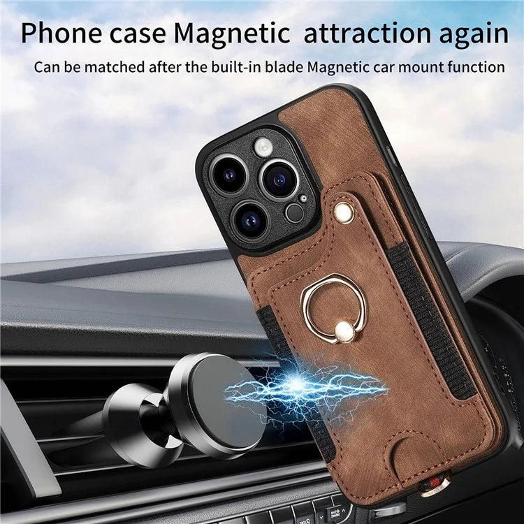 D4 For iPhone 14 Pro Cell  Phone Cases Vintage Card Slots Kickstand RFID Blocking Shell