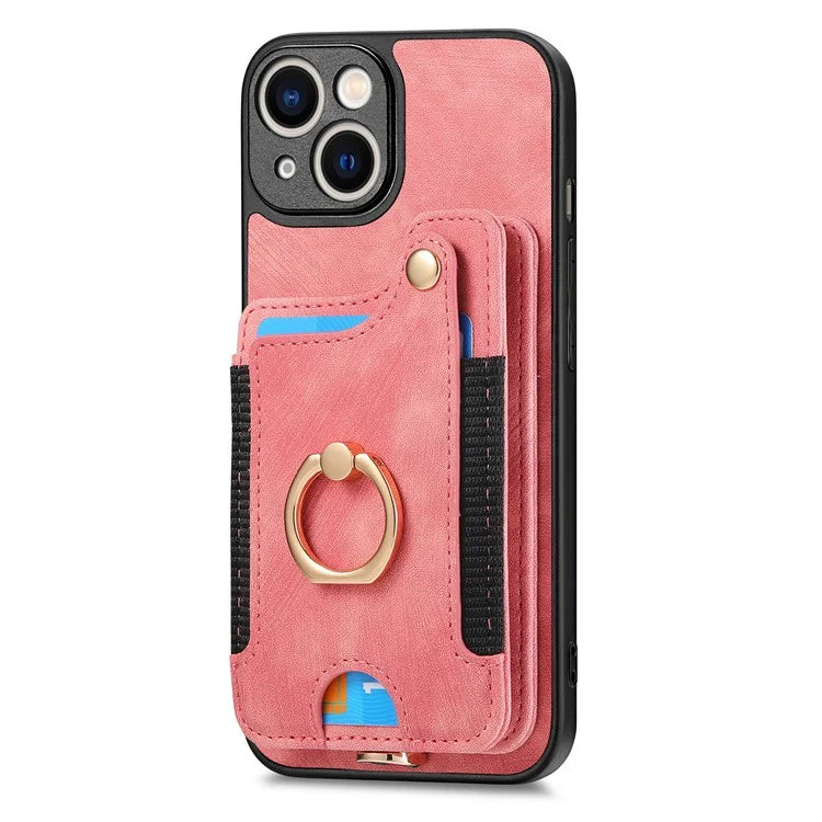 D4 For iPhone 14 Case Card Slots Kickstand RFID Blocking Leather Back Cover