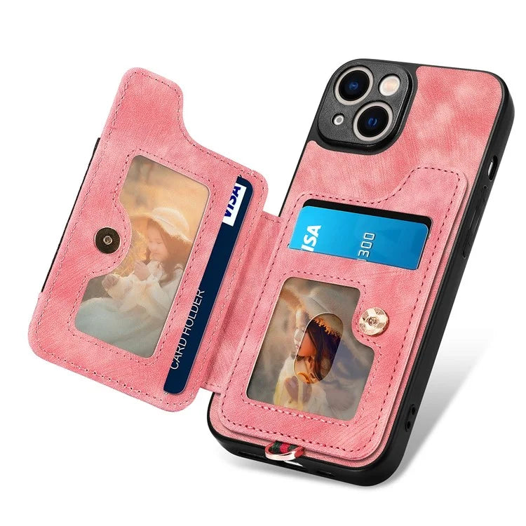 D4 For iPhone 14 Case Card Slots Kickstand RFID Blocking Leather Back Cover