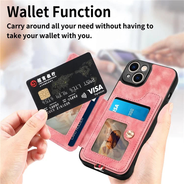 D4 For iPhone 14 Case Card Slots Kickstand RFID Blocking Leather Back Cover